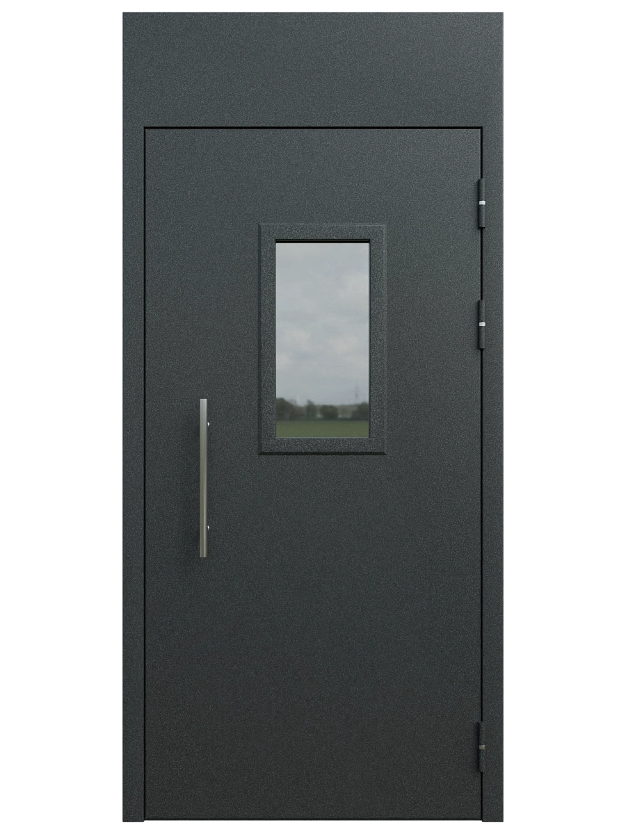 Однопольная подъездная дверь с фрамугой и окном
