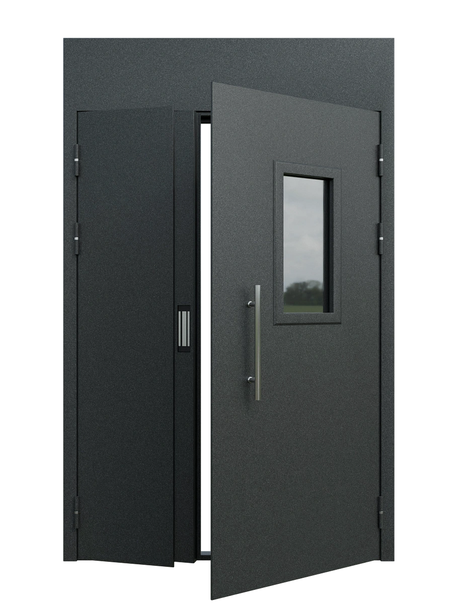 Двупольная подъездная дверь 1200x2050, окно 300x400, металл 1.2