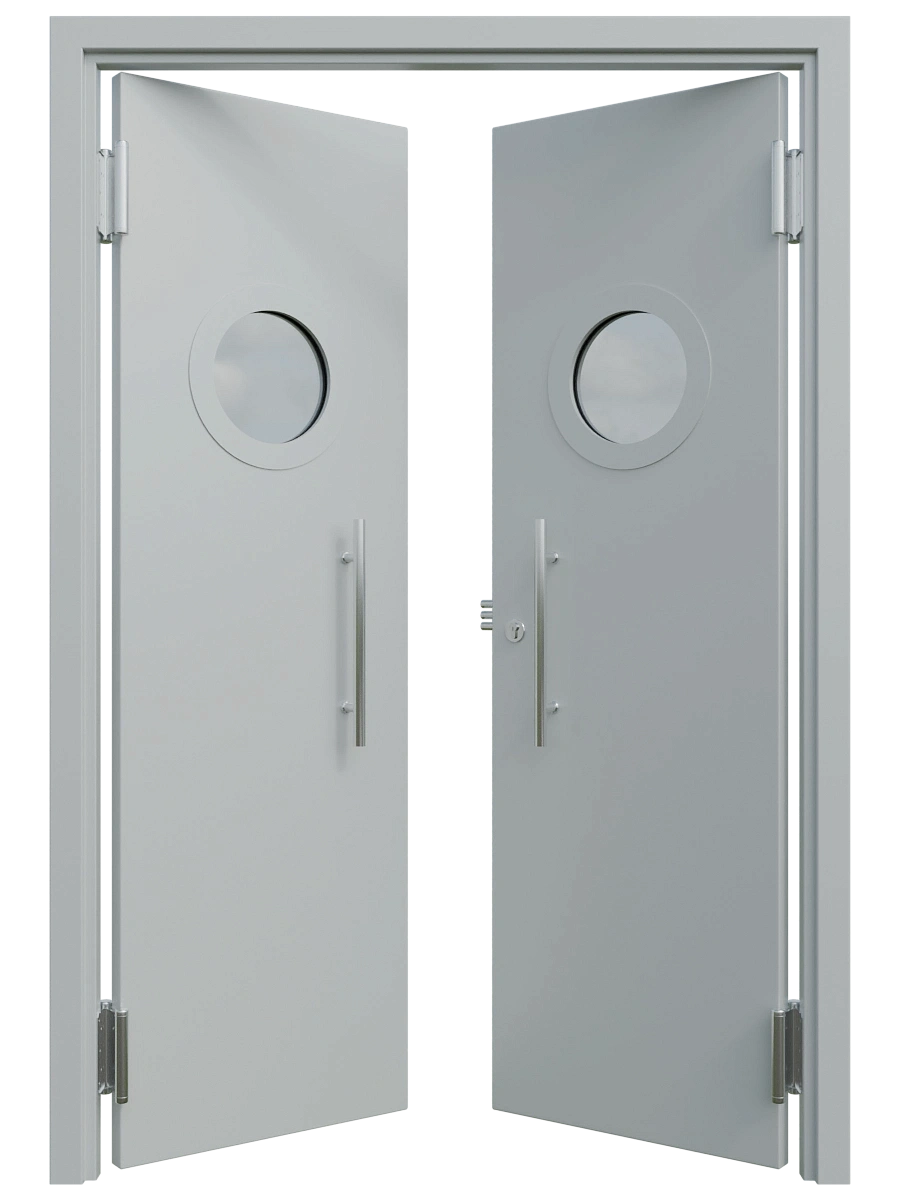 Двупольная маятниковая дверь 1200x2050 с окном 300x400, металл 1.5