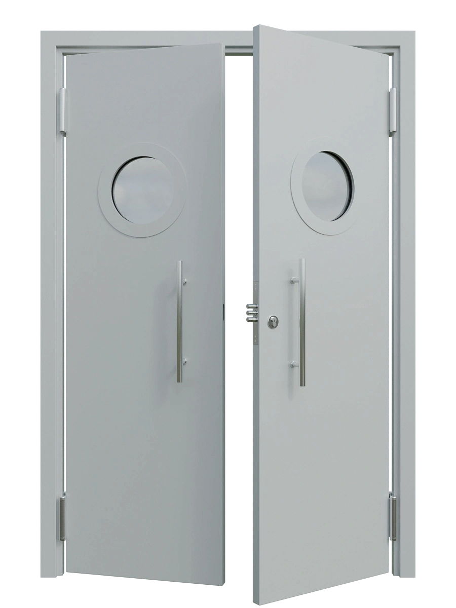 Двупольная маятниковая дверь 1200x2050 с окном 300x400, металл 1.2